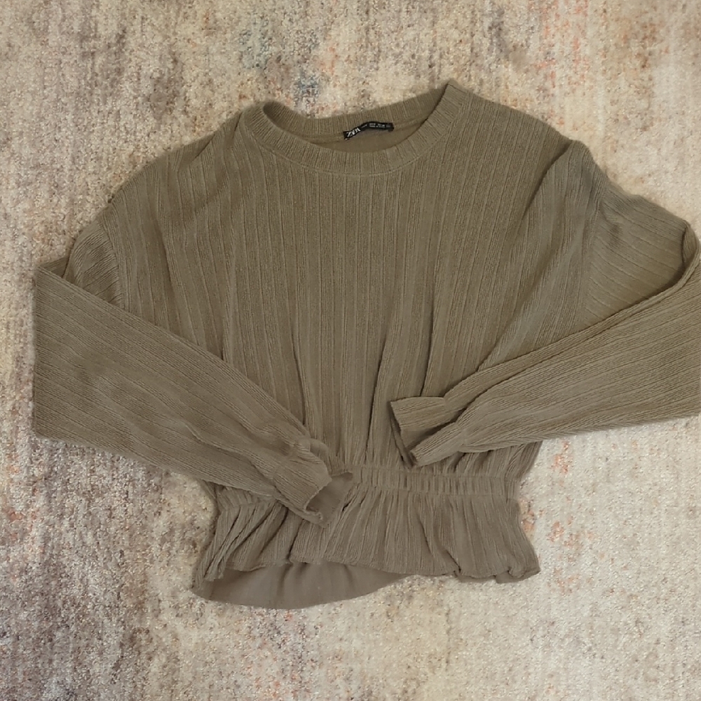 Zara Green Ribbed Sweatshirt Relaxed Fit